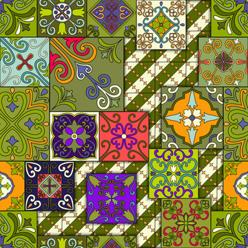 Seamless pattern with portuguese tiles in talavera style. Azulejo, moroccan, mexican ornaments.