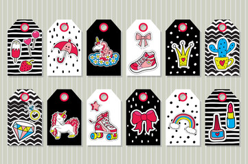 Set of girl's tags with cute stickers . Vector patches