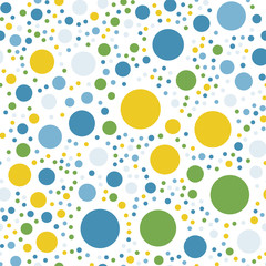 Colorful polka dots seamless pattern on white 12 background. Wonderful classic colorful polka dots textile pattern. Seamless scattered confetti fall chaotic decor. Abstract vector illustration.
