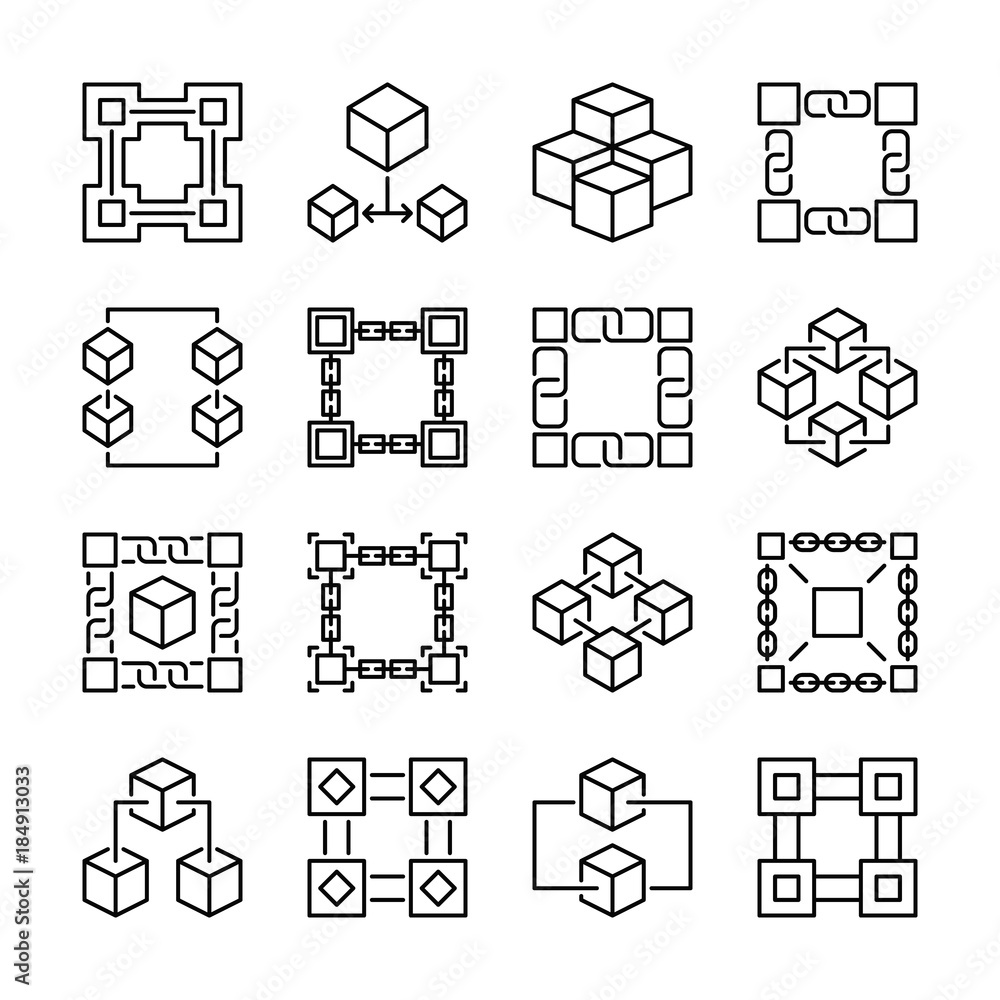 Poster block chain icons. collection of 16 vector blockchain signs