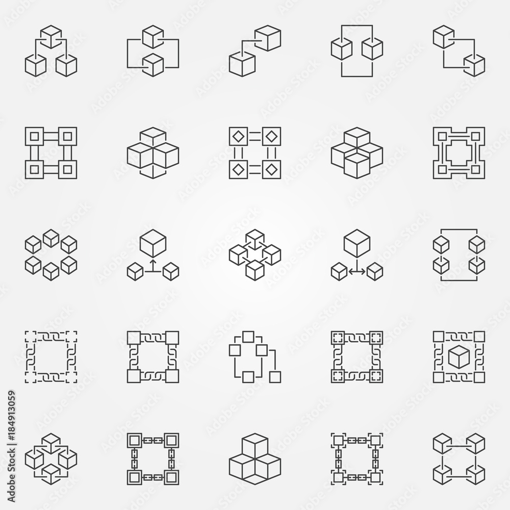 Poster blockchain icons set - vector block chain concept line symbols