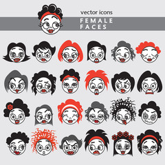Vector Smiley Icons of female faces. Emoticons, avatar with an expression of women feelings.