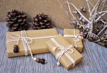 Christmas presents in a rustic style, home decor, Christmas background.