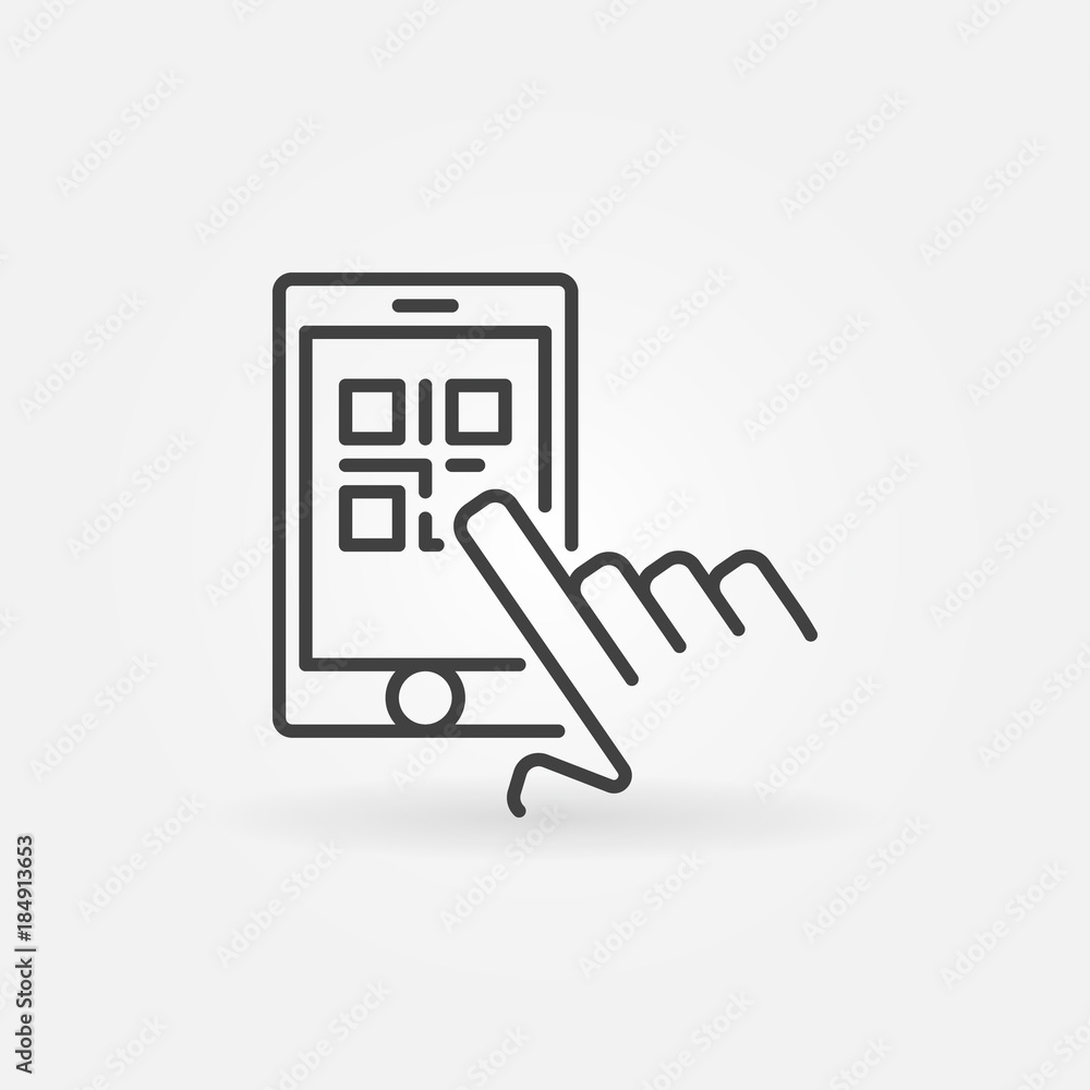 Aufkleber finger touching qr code in smartphone vector line icon