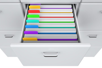 Colored Folders for documents in cabinet. 3d illustration