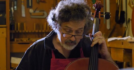 The professional violin master makes a violin with his own hands, uses a clean tree spruce, pine, glasses, planes, tunes strings. Concept: spiritual instrument, hand made, art, music, melody, sound. - Powered by Adobe