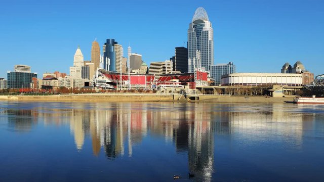 Timelapse of the Cincinnati skyline with Ohio River in front 4K