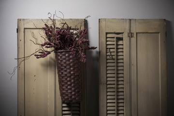 Country Basket Hanging on Old Shutters with Red Berry Plant