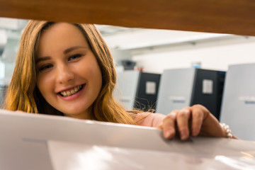 Young Female Engineer Printing Specialist Offset Printing Plates Storage Industrial Girl Student