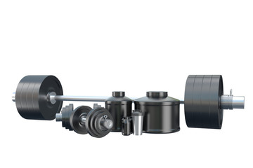 Sports nutrition, supplements, barbells, dumbbells whey protein, gainer bars 3d illustration