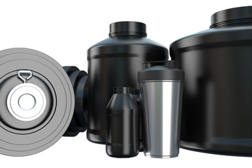 Sports nutrition, supplements, dumbbells whey protein, gainer bars 3d illustration