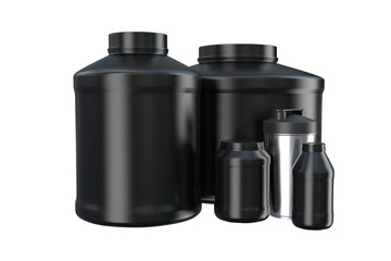 Sports nutrition, supplements, bcaa, whey protein, gainer bars 3d illustration