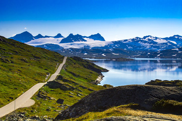 View of Route 55 in Norway. Sognefjellsvegen with Sognefjellet mountain pass in Jotunheimen