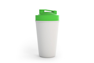3d rendering of green shaker on white background. Fitness accessories. Kitchenware. Healthy eating.