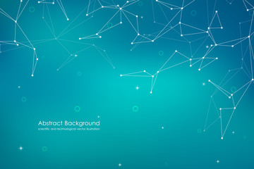 Abstract futuristic background with dots and lines, molecular particles and atoms, polygonal linear digital texture, technological and scientific concept, vector illustration