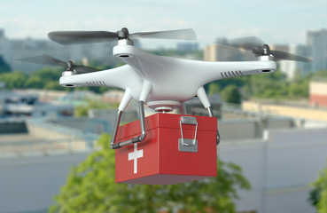 White Quadrocopter Drone with first aid kit in flight on cityscape background. 3D illustration