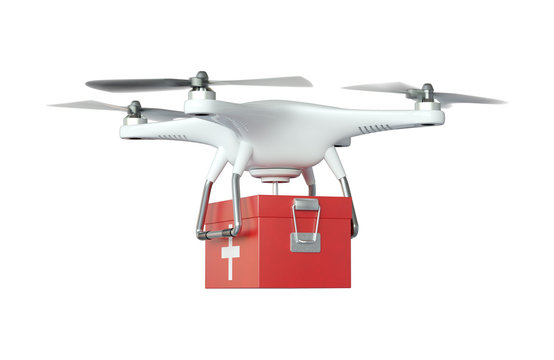 White Quadrocopter Drone with first aid kit on a white background. 3d illustration