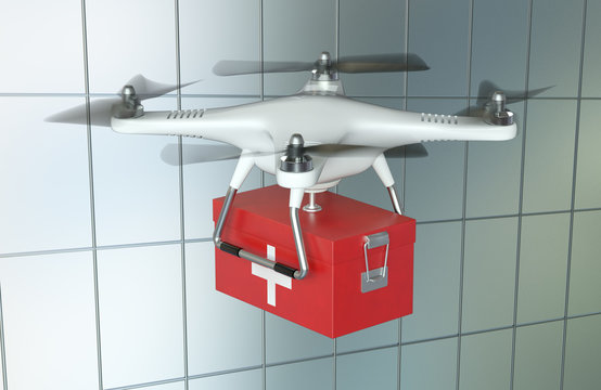 White Quadrocopter Drone with first aid kit in flight on cityscape background. 3D illustration
