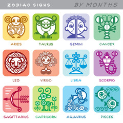 Zodiac signs - set of icons of animals by months, symbols of astrological calendar.
