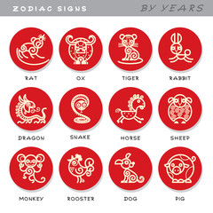 Zodiac signs - vector icons of astrological animals by years, symbols of Chinese astrological calendar.