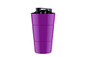3d rendering of purple shaker on white background. Fitness accessories. Kitchenware. Healthy eating