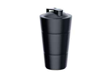 3d rendering of black shaker on white background. Fitness accessories. Kitchenware. Healthy eating.