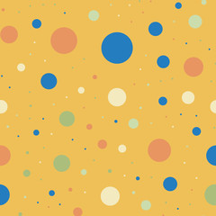 Colorful polka dots seamless pattern on bright 6 background. Fair classic colorful polka dots textile pattern. Seamless scattered confetti fall chaotic decor. Abstract vector illustration.