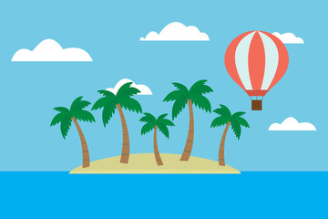 Cartoon vector illustration of tropical island with palm trees and hot air balloon flying between clouds on blue sky