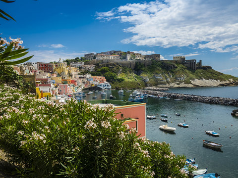 Blick auf die Insel Procida, Phlegräische Inseln, Golf von Neapel, Kampanien, Italien