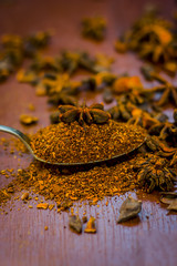 Close up Star aniseed,Illicium verum powder in a antique spoon.