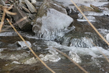 Ice forming on rocks near the bank of a cascading waterway at the start of the winter season.