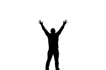 Fototapeta na wymiar Silhouette of a man lifting his hands up, isolated on white background