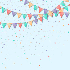 Bunting flags. Lovely celebration card. Colorful holiday decorations and confetti. Bunting flags vector illustration.
