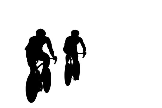 Isolated black silhouettes of cyclists during a race on a white background