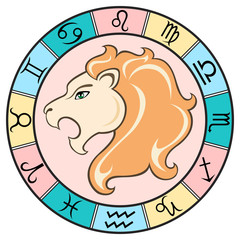 Leo. Color sign of the zodiac in the round frame.