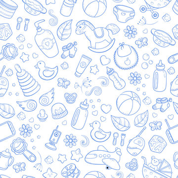 Seamless background, texture, backdrop, pattern, wallpaper with children cartoon doodle toys. Educational games for kids illustration. Baby shower. Icons set. Newborn baby vector collection. baby care