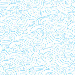 Fototapeta na wymiar Abstract cartoon blue white background, wallpaper. Doodle pattern sea waves, ocean, river, wind. Seamless texture textile fabric, printing, web design, card, poster, flyer, banner, packaging, wrapping