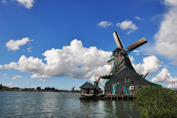 Beautiful wind mills in the village Zaanse Schans in Netherlands