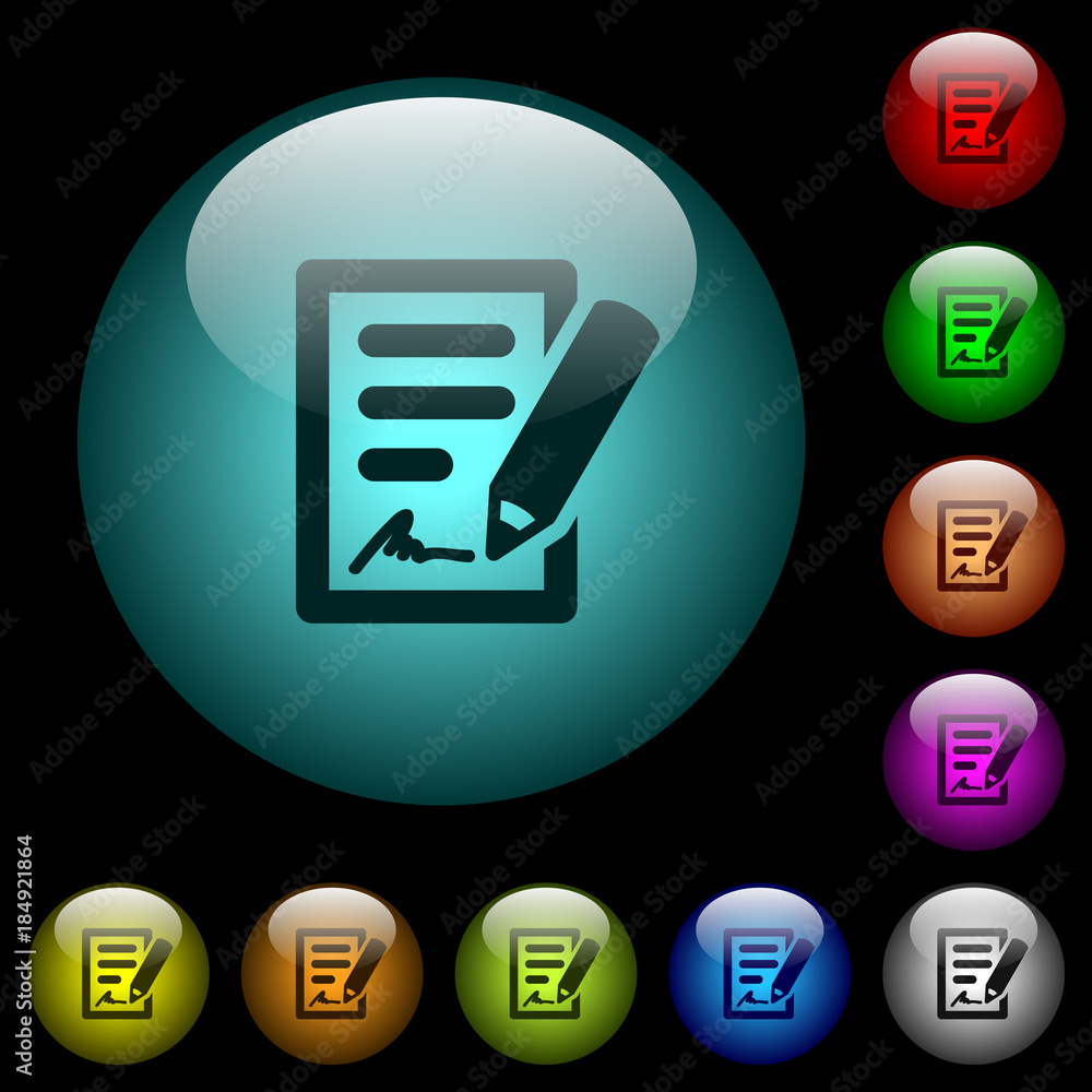 Poster signing contract icons in color illuminated glass buttons