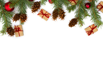 Christmas decoration. Cones and twigs pine tree (Pseudotsuga menziesii, Douglas fir), gift boxes...