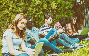 Group of multi ethnic teenagers classroom using technology equipment seated on the grass
