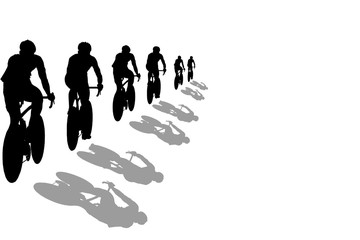 Isolated black silhouettes of cyclists during a race on a white background