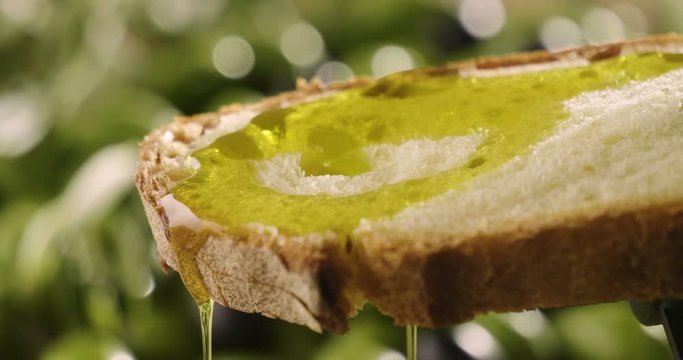 Genuine Italian organic oil cold pressed in slowmotion falls on organic bread. concept of nature and healthy food, healthy and natural. fresh olives and Tuscan Italian oil
