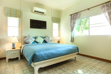 Luxury Interior design in bedroom of pool villa with cozy  bed