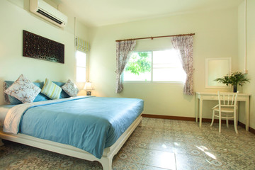 Luxury Interior design in bedroom of pool villa with cozy  bed