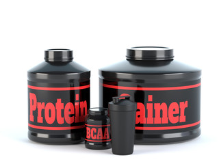 Sports nutrition, supplements, whey protein, gainer bars 3d illustration