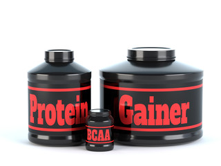 Sports nutrition, supplements, bcaa, whey protein, gainer bars 3d illustration