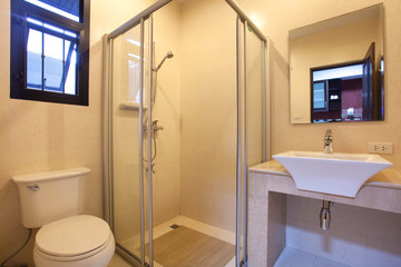 Luxury bathroom features basin, toilet bowl and bathtub