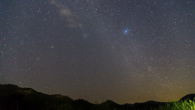 A Time Lapse of Geminid Meteor Shower and the Milky Way with a mountain. Geminid Meteor in the night sky