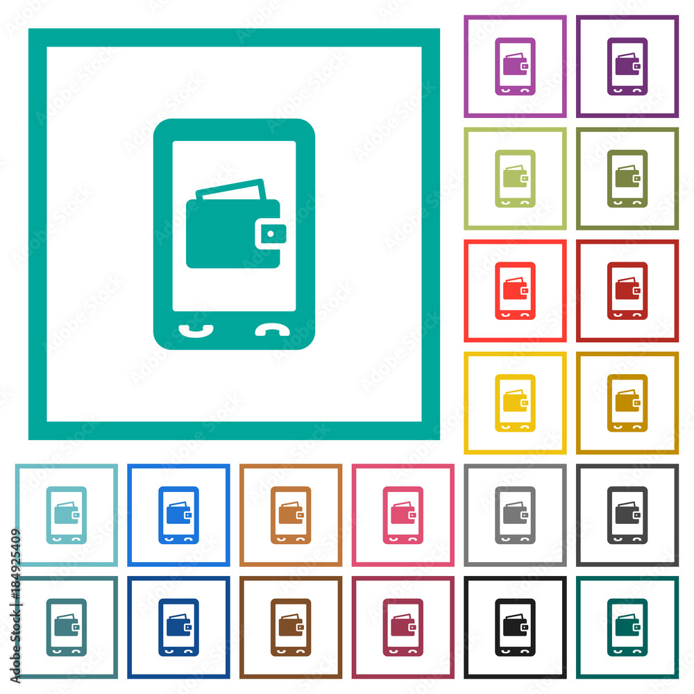Poster mobile wallet flat color icons with quadrant frames